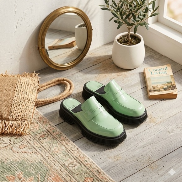 Jeffrey Campbell Shoes - Jeffrey Campbell Pistachio Green leather Mules Chunky Platform Loafer Slides 39